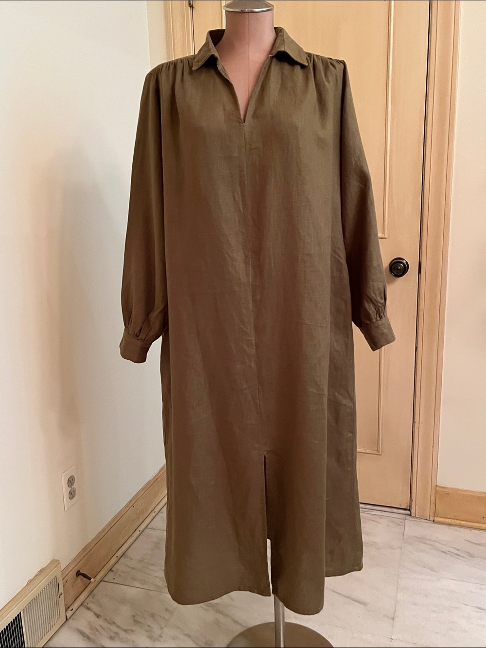 FAYA COTTON Lagenlook Artsy Minimal Olive Center Hem Slit Long SLV Collar Midi L